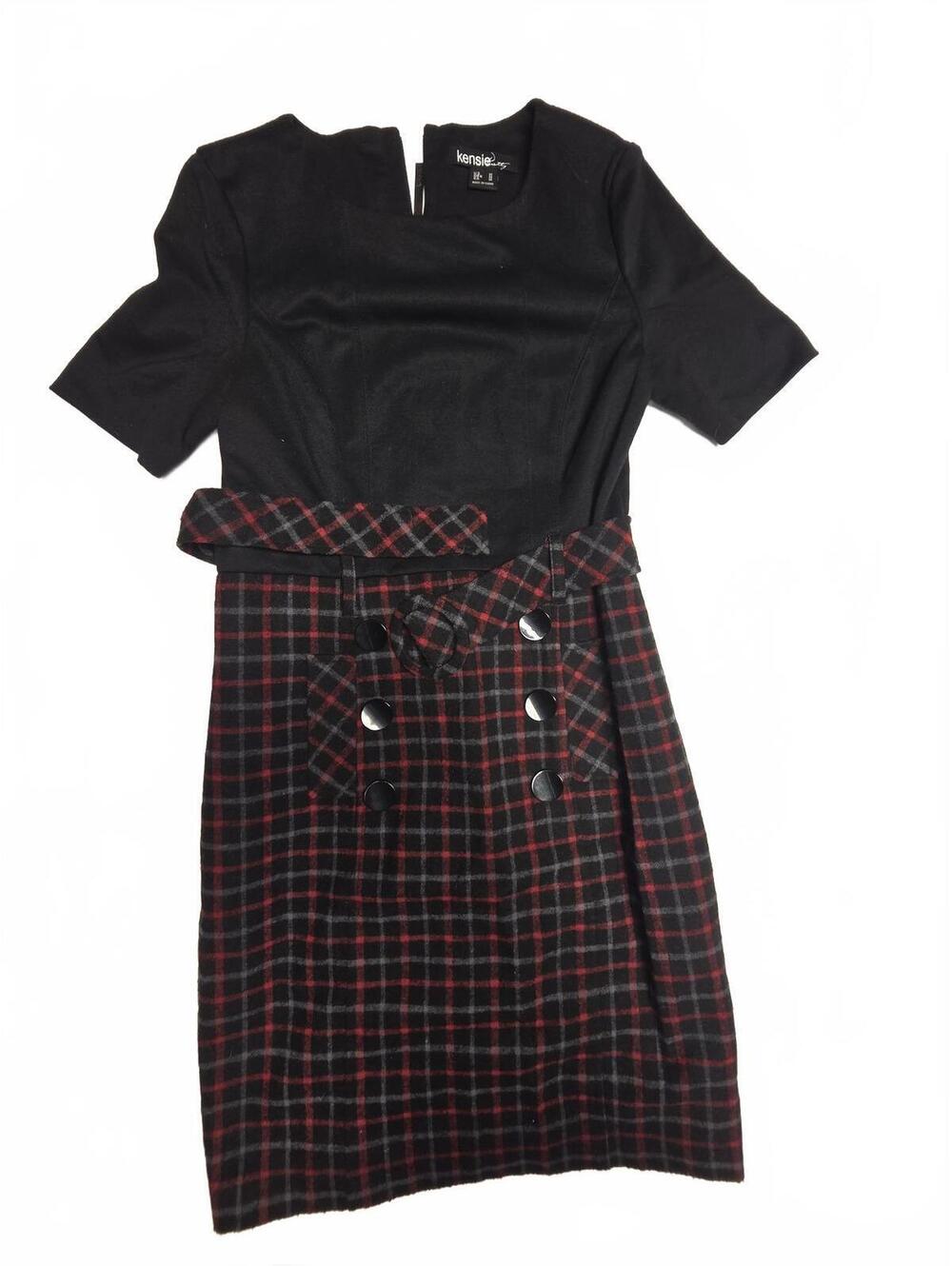 Kensie Black Red Plaid Wool-Blend Belted Career Office Dress Womens Size M
